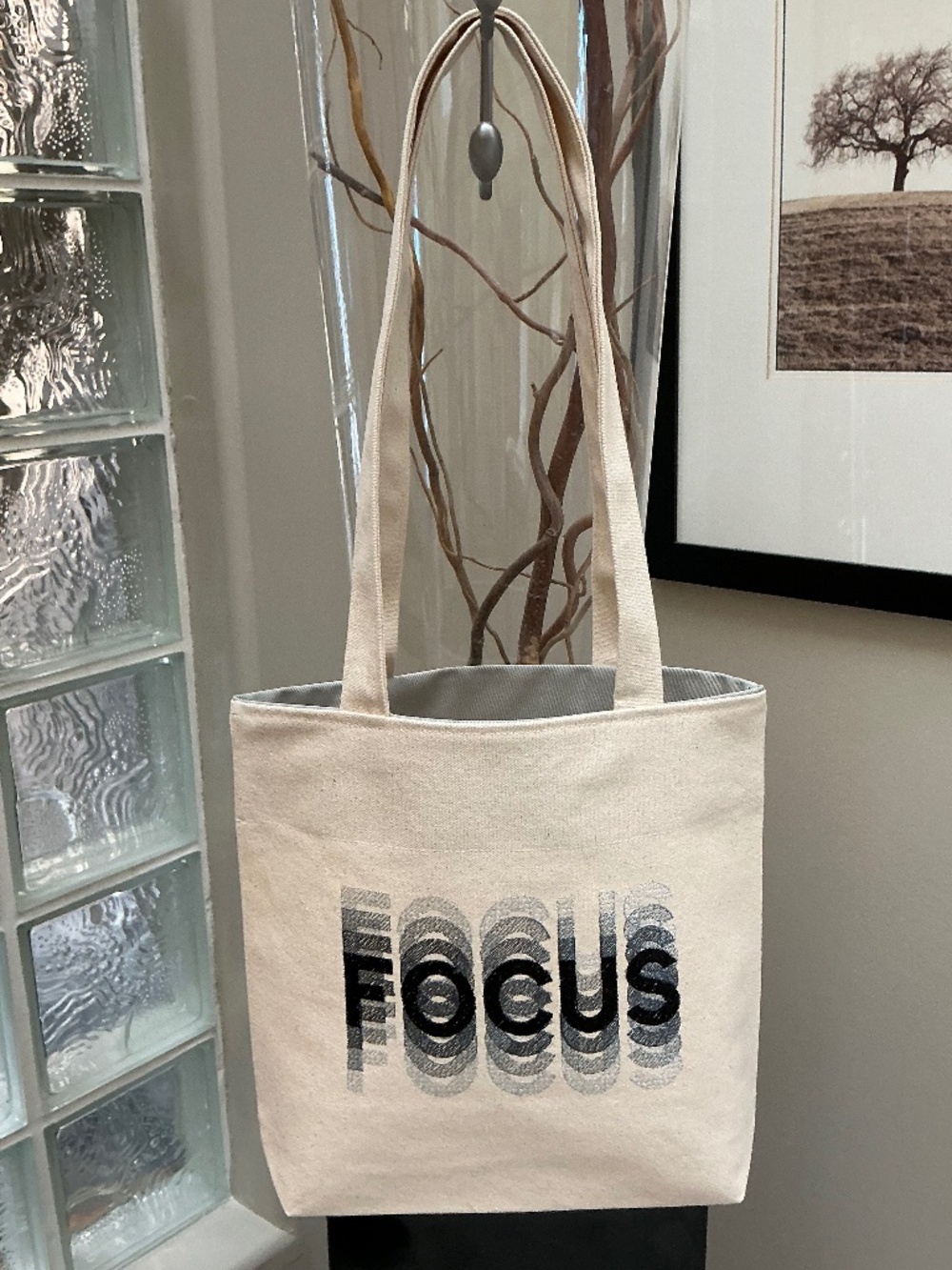 Custom Embroidered Tote Bag. FOCUS design. Made in Canada.